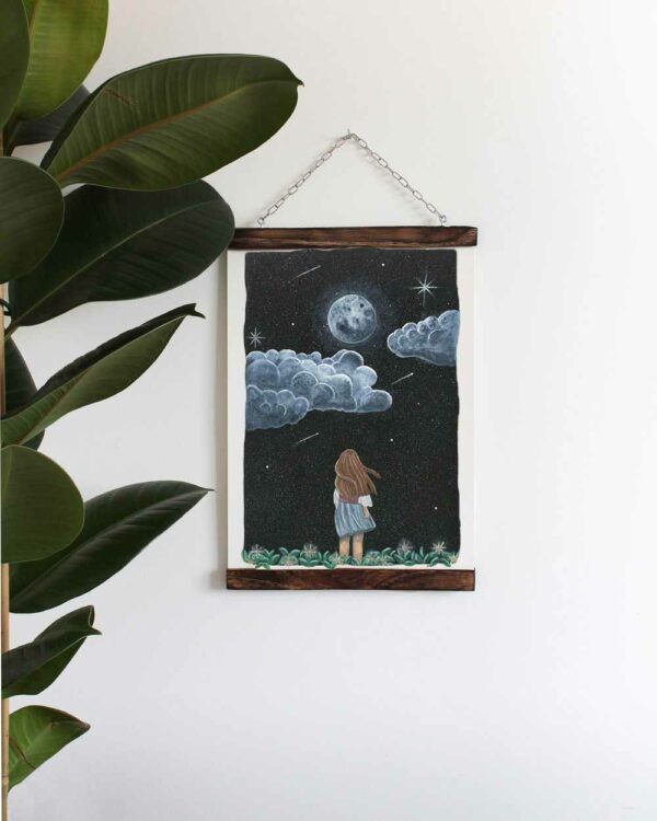 dreamy wall art, moon stars girl wall art, magical art print with moon