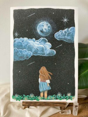 night sky watercolor art, dreamy starry night wall art, mindfull cosmic art print