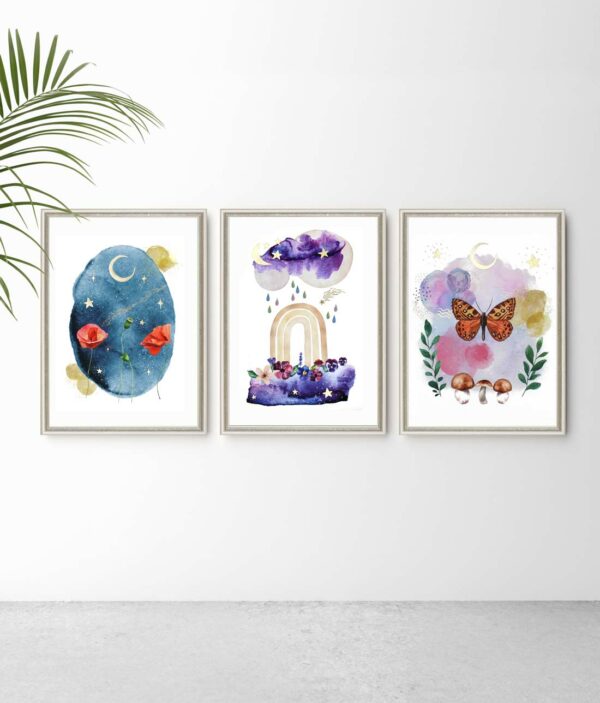 art print series with gold, wall art series moon stars, witchy wall art collection