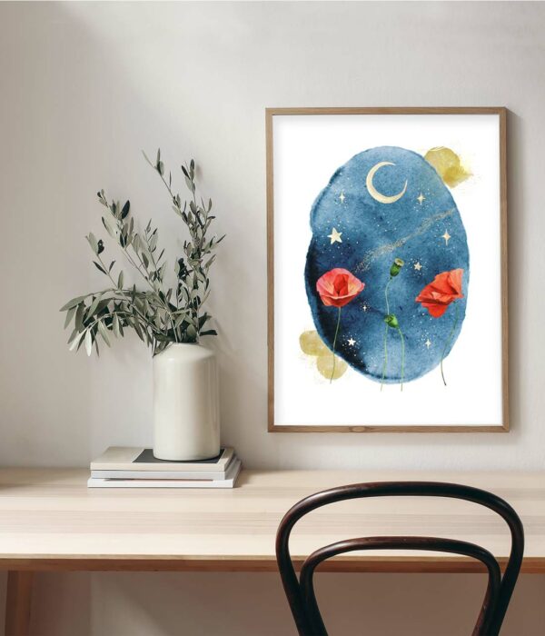 Gold art print with moon, dreamy unique wall art, flower lover art print, gift for dreamers