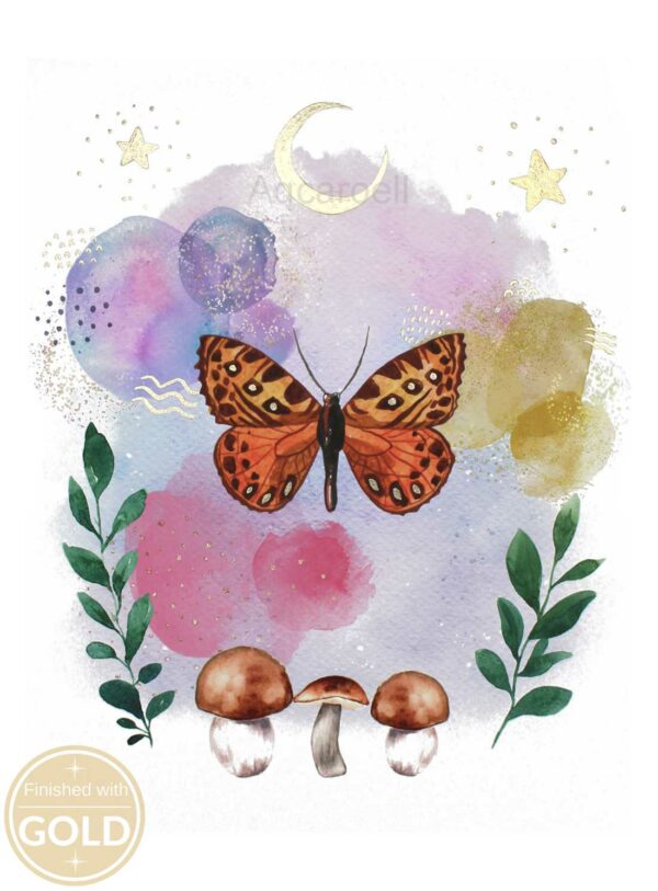 spirit animal butterfly art print, gold wall art, spiritual tarot wall art, colorful art print serie